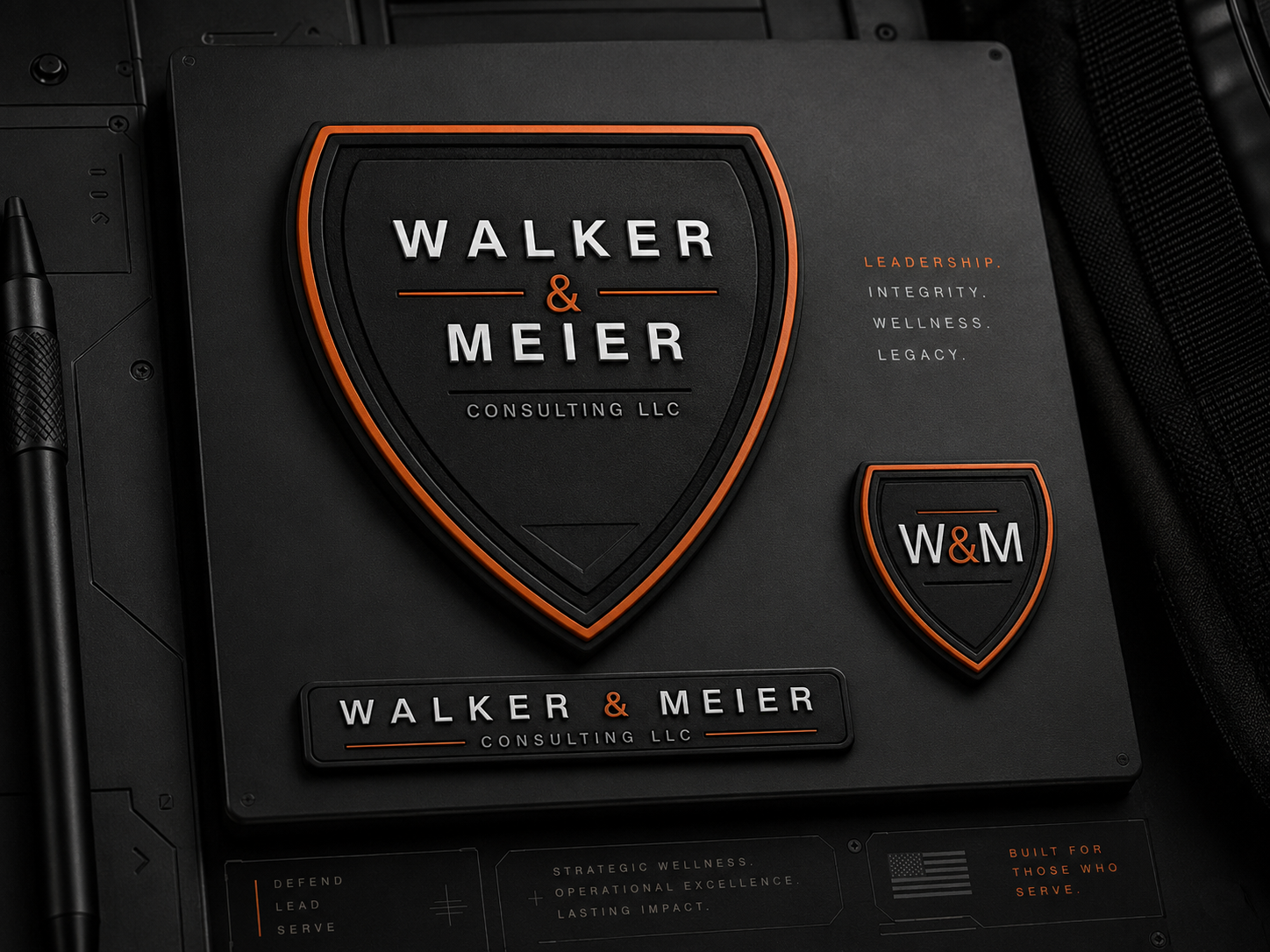 Walker & Meier Consulting — tactical black silicone shield badge, W&M monogram, and horizontal wordmark